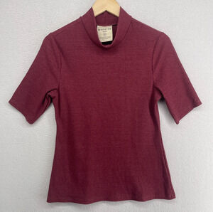 MOHNTON Top Womens XL Cotton Tencel Jersey Ribbed Mock Neck Elbow Sleeve Maroon